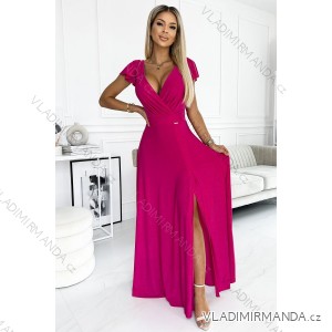 411-5 CRYSTAL long shimmering dress with a neckline - fuchsia