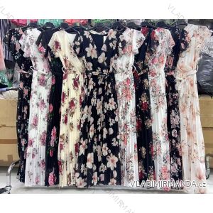 Women's Long Chiffon Pleated Flower Short Sleeve Dress (S/M ONE SIZE) ITALIAN FASHION IMWBB231343