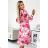449-5 CARLA Pleated midi dress with buttons and long sleeves - dark pink flowers on a white background