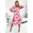 449-5 CARLA Pleated midi dress with buttons and long sleeves - dark pink flowers on a white background