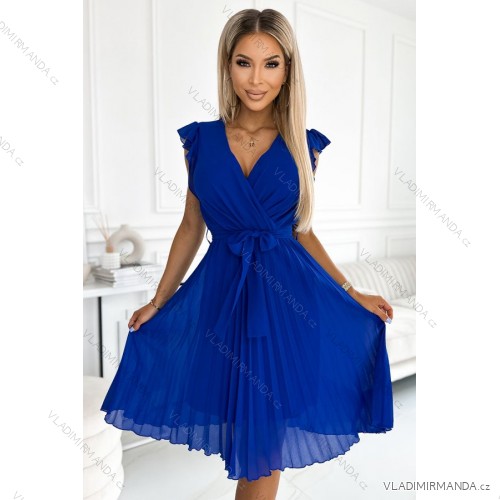 374-4 POLINA Pleated dress with a neckline and frills - royal blue