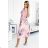 448-1 YUNA Pleated midi dress with a neckline and a belt - roses on a pastel pink background
