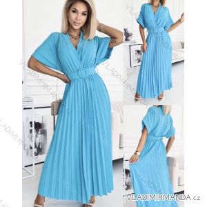 Women's Long Summer Pleated Belt Short Sleeve Dress (S/M ONE SIZE) ITALIAN FASHION IMWGB231995