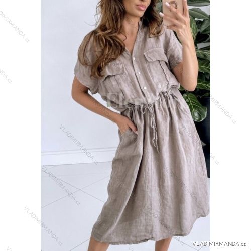 Women's Summer Linen Dress with Belt Short Sleeve (S/M ONE SIZE) ITALIAN FASHION IMWAD232502