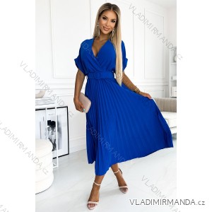 471-2 FELICIA Pleated midi dress with a neckline and a wide belt - blue