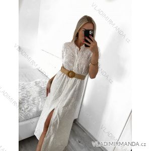 Women's Long Lace Shirt Dress Cotton With Belt Short Sleeve (S/M ONE SIZE) ITALIAN FASHION IMWGB231815