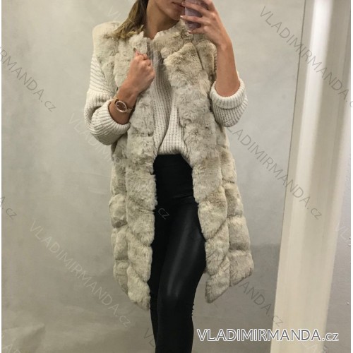 Women's 8 Wool Oversized Long Fur Vest (3XL, 4XL) ITALIAN FASHION ORC232188-1-C/DU Beige 3XL