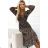 505-1 WILD Longer chiffon dress with a neckline, ruffles and a belt - leopard print