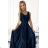 508-1 CINDY long satin dress with a neckline and bow - navy blue