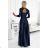 309-7 AMBER lace long satin dress with a neckline - dark blue