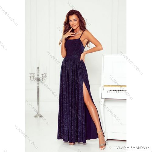 Women's Long Elegant Dress with Wide Straps (SL) FRENCH FASHION FMPEL23VELVET dark blue 36