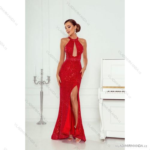 Women's Long Elegant Dress with Wide Straps (SL) FRENCH FASHION FMPEL23VELVET red 34