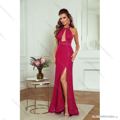 Women's Long Elegant Dress with Wide Straps (SL) FRENCH FASHION FMPEL23VELVET fuchsia 40