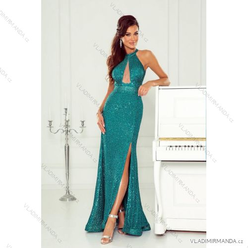 Women's Long Elegant Dress with Wide Straps (SL) FRENCH FASHION FMPEL23VELVET azure 36