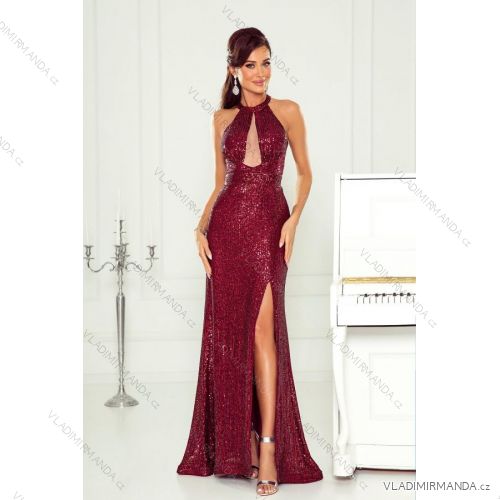 Women's Long Elegant Dress with Wide Straps (SL) FRENCH FASHION FMPEL23VELVET Wine 38