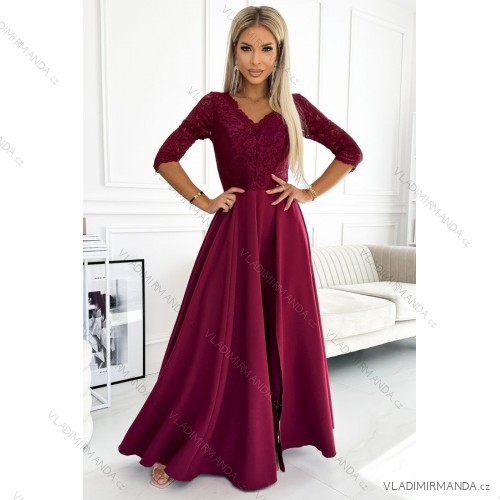 309-9 AMBER elegant long maxi dress with lace neckline - burgundy