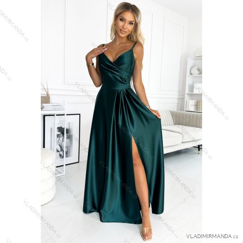 299-9 CHIARA elegant satin maxi dress with straps - green Green M