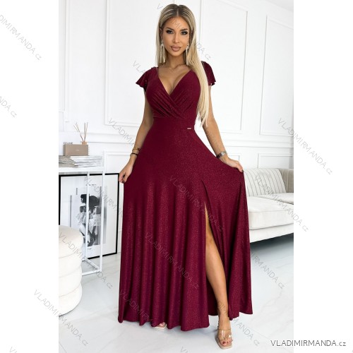 411-8 CRYSTAL long shimmering dress with a neckline - Burgundy color