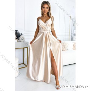 512-3 JULIET elegant long satin dress with a neckline and leg slit - Beige