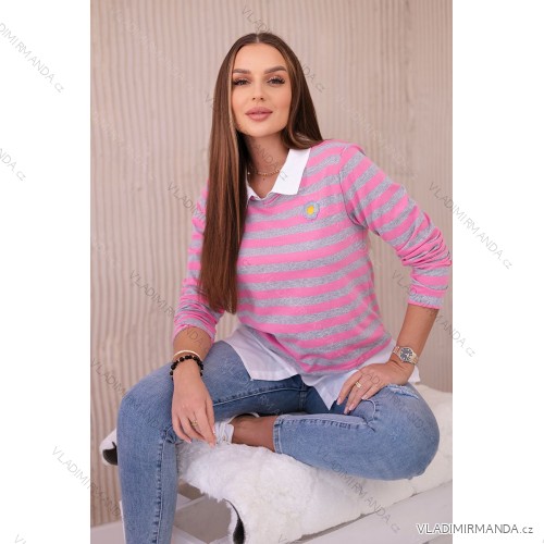 Striped cotton blouse with a pink + gray collar