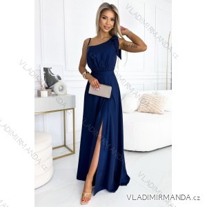 528-1 Long shiny one-shoulder dress with a bow - navy blue