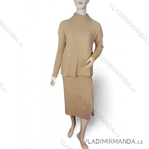 Women's Long Sleeve Knitted Skirt and Turtleneck Sweater Set (S/M ONE SIZE) ITALIAN FASHION IMPGM233769 S/M Brown