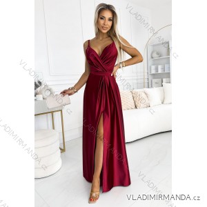 512-6 JULIET elegant long satin dress with a neckline and leg slit - Burgundy color