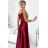 512-6 JULIET elegant long satin dress with a neckline and leg slit - Burgundy color