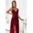 512-6 JULIET elegant long satin dress with a neckline and leg slit - Burgundy color