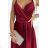 512-6 JULIET elegant long satin dress with a neckline and leg slit - Burgundy color