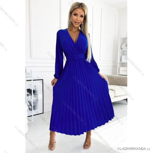 504-1 VIVIANA Pleated midi dress with a neckline, long sleeves and a wide belt - blue -   modrá královská -   S / M