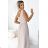 490-2 SUSAN Long brocade dress with a neckline and stitching at the waist - beige