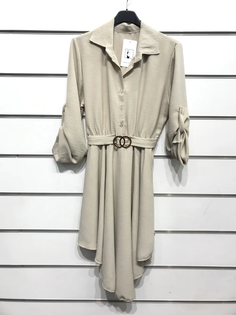 Women's Elegant Long Sleeve Shirt Dress (S/M ONE SIZE) ITALIAN FASHION IMPSH2421015B Beige S/M