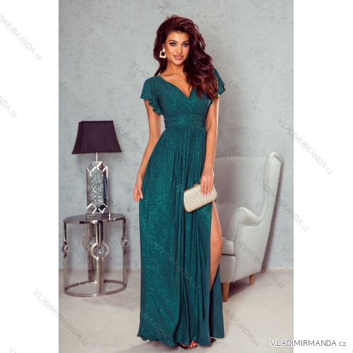 Women's Long Elegant Dress with Wide Straps (SL) FRENCH FASHION FMPEL23VELVET -   dark green -   48