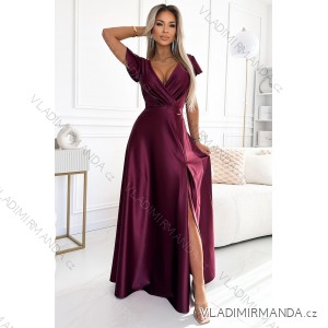 411-10 CRYSTAL satin long dress with a neckline - Burgundy color