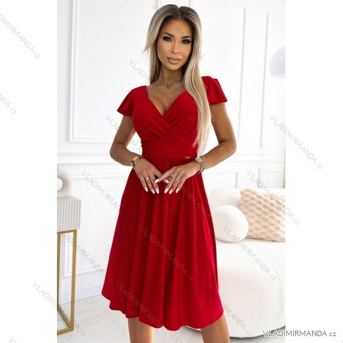 425-9 MATILDE Dress with a neckline and short sleeves - red with glitter