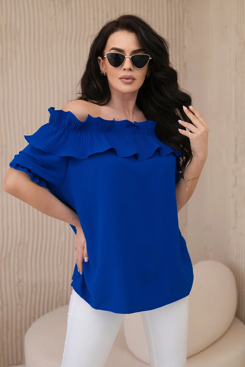 Spanish blouse with a decorative cornflower blue ruffle