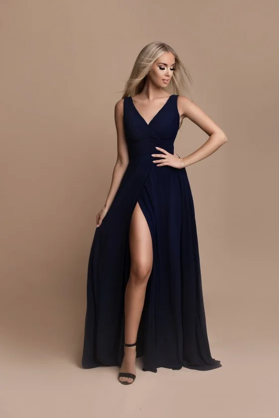 Women's Long Elegant Strapless Party Dress (SL) FRENCH FASHION FMPEL23CARINE dark blue S