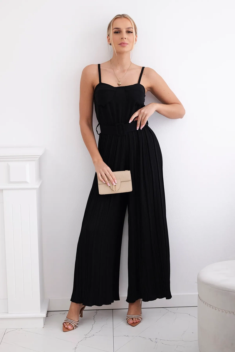 Pleated jumpsuit with straps, black