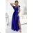 411-11 CRYSTAL satin long dress with a neckline - royal blue