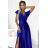 411-11 CRYSTAL satin long dress with a neckline - royal blue