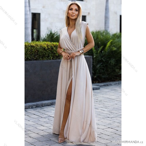 509-2 Elegant long dress tied in many ways - beige with glitter