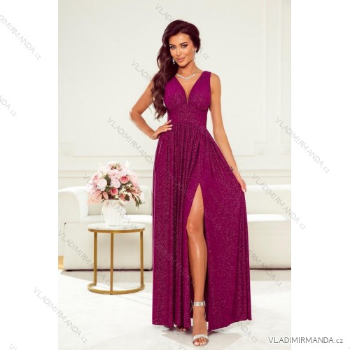 Women's Long Elegant Dress with Wide Straps (SL) FRENCH FASHION FMPEL23VELVET wine 36