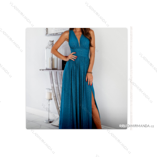 Women's Long Elegant Dress with Wide Straps (SL) FRENCH FASHION FMPEL23VELVET turquoise 34