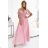 545-1 Long dress with a pleated neckline and ties - powder pink