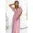 545-1 Long dress with a pleated neckline and ties - powder pink