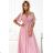 545-1 Long dress with a pleated neckline and ties - powder pink