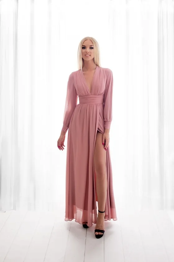 Women's Long Elegant Party Long Sleeve Dress (SL) FRENCH FASHION FMPEL23PERINE -   pink -   L