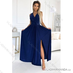 362-9 JUSTINE Long dress with a neckline and a tie at the back - navy blue with glitter