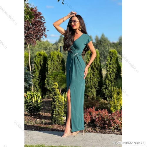 Women's Long Elegant Dress with Wide Straps (SL) FRENCH FASHION FMPEL23VELVET dark green 36